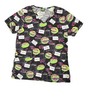 Sesame Street Scrub Top Womens XS Multi-Color Oscar The Grouch Print Shirt